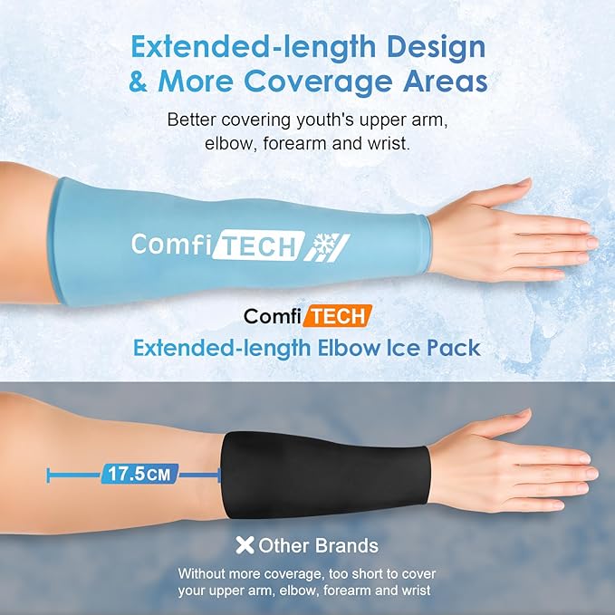 Comfitech 2 Pack Youth Full Arm Elbow Ice Pack Sleeve for Tennis, Golfers, Throwing, Pitchers, Young Athletes, Flexible Cold Pack for Forearm Discomfort, Muscle Relaxation & Outdoor Sport, Large