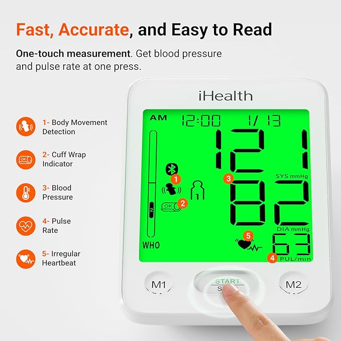 iHealth Accu Luminate Blood Pressure Monitor – 4.5" Tri-Color WHO-Based LCD(White), Clinically Accurate, Irregular Heartbeat Alert, Body & Cuff Detection, Bluetooth Cloud Sync, Large 8.6"–17" Cuff