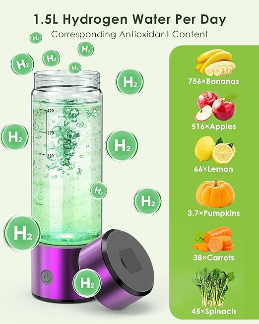 Upgrade Hydrogen Water Bottle, 3Min 2200PPB Rapid Hydrogen Water Generator -SPE PEM Tech, 14OZ Portable Hydro Water Machine, (Purple)