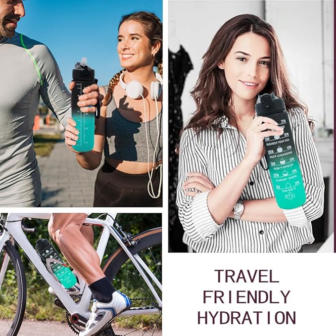 32oz Sports Water Bottle Outdoor, with Drinking Time and Capacity Labels, Sport Water Cups with Straw,BPA Free Leak Proof,for Fitness Gym Running Climbing(Black green)