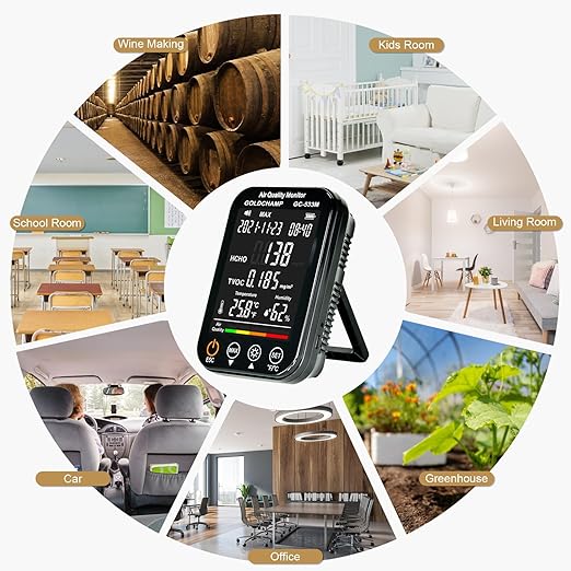 Air Quality Monitor Indoor, 4-in-1 Accurate Air Quality Detector with HCHO | TVOC | Temperature (℃/℉) | Humidity Sensor Air Analyzer with Digital LCD Screen, Sound Alarm for Home, Cars, Plants