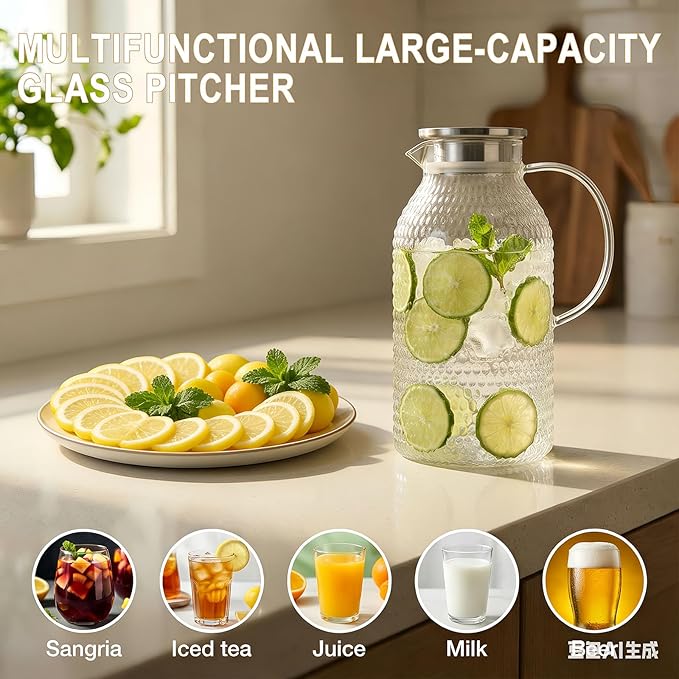Glass Pitcher with Lid,3 Liter 101oz Glass Water Pitcher, Iced Tea Pitcher, Cold/Hot water jug,Large Jug for Coffee, Juice and Homemade Beverage（Free anti-scratch pad）