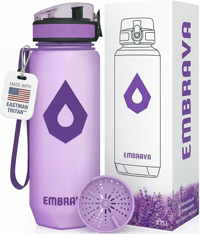 Embrava 24 oz Water Bottle with Time Marker - BPA Free Motivational Sports Bottle - Leak Proof Flip Top Lightweight Tritan Plastic - Gym School Office Hiking - Time Marked Water Bottles for Women Men