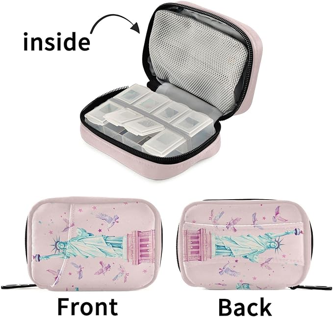 The Statue of Liberty Stars and Doves Pink Travel Pill Organizer Case Box Container Weekly Portable Vitamin Medicine Holder Storage Bag with Zipper Removable