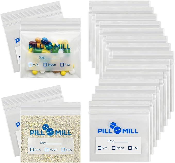 Pill Bag Count - Size 3" X 2" 3 Mil – Plastic Pill Organizer Bags – Small Pocket Pill Baggies – Travel Pill Pouch– Daily AM PM Medicine Storage Pouches – Locking Pill Carrier Container (100-Pack)