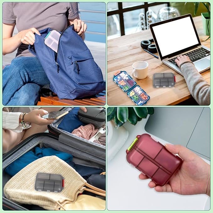 2 Pack Pill Organizer Travel Case - 10 Compartments Portable Medicine Container with 330 Labels, Double Lock Design (White & Chocolate, 2 Boxes)