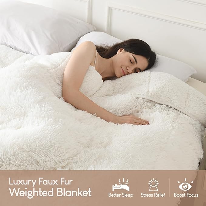 Cottonblue Fluffy Weighted Blanket 20lbs, Luxury Fuzzy Faux Fur Weighted Blanket Throw for Adults, Long Fur Shaggy Snugly Blanket Cosy Winter Blanket for Home Decor, 60"x80", Cream White