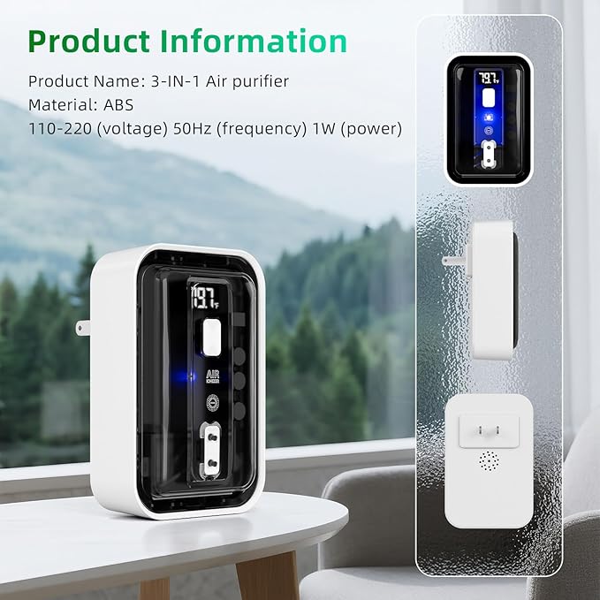 3 In 1 Air Ionizers For Home - Negative Ion Filtration System,Real Time Temperature Display Air Purifier Plug,Portable Air Purifier For Kitchen Bedroom,Quiet Operation Mini Air Cleaner
