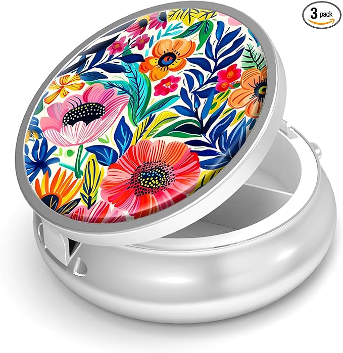 Pill Box-3 Compartment Small Pill Case for Purse & Pocket Mini Metal Pill Holder Travel Pill Container to Hold Supplements Vitamins BPA-Free (Garden Flower)