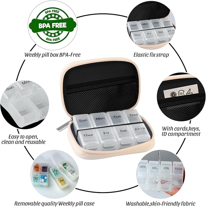 Pill Case Weekly Travel Pill Organizer for Purse with Removable 7 Day Pill Box Premium Neoprene Pill Container for Travel Purse Accessory, Vitamin, Supplement, Small Pieces Arrangement-Cream Yellow