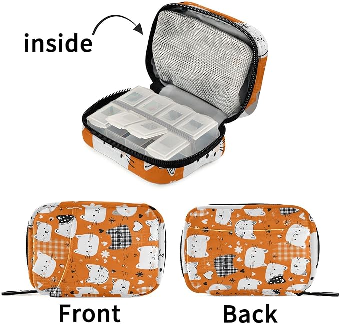 Checkered Orange Kittens Hearts Travel Pill Organizer Case Box Container Weekly Portable Vitamin Medicine Holder Storage Bag with Zipper Removable