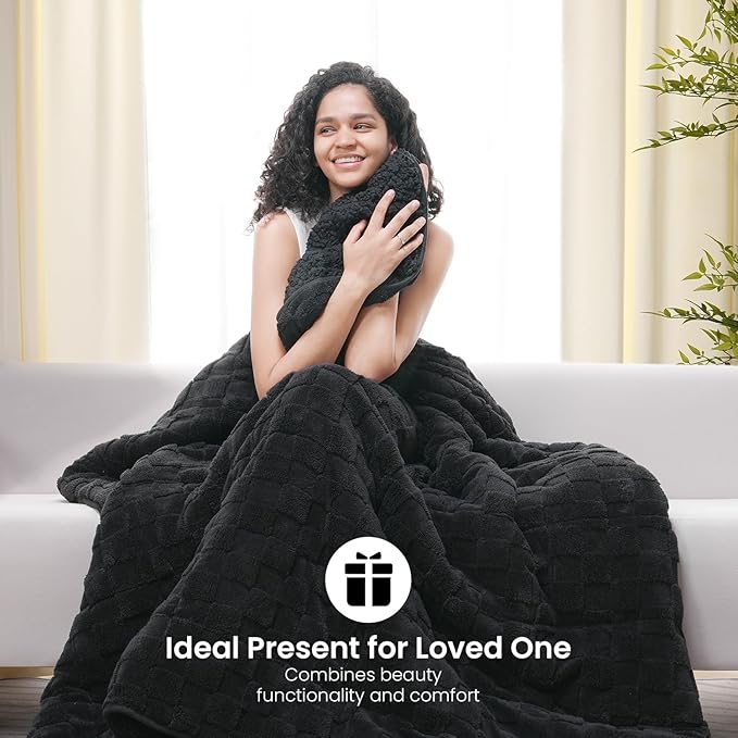 Drewin Weighted Blanket 20 Pounds, 3D Jacquard Checkered Sherpa Weighted Blankets Queen Size, Cozy Fluffy Bed Blanket for Relaxation, Soft Winter Adult Weighted Blankets, 60 x 80 inches, Black