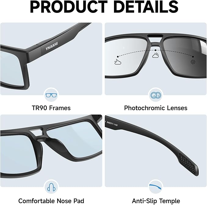 Photochromic Sunglasses for Men Women, UV Transition and Proteciton. ANSI Z87.1 for Sports Running and Work safety