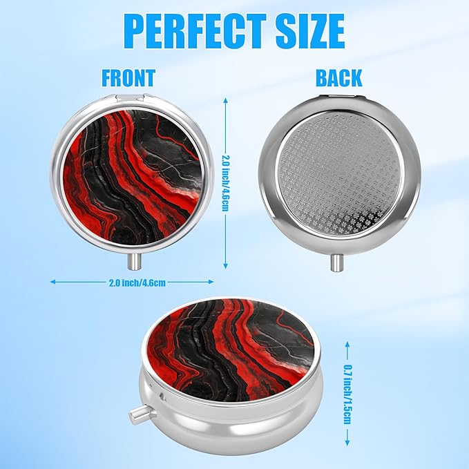 Black Red Marble Pill Case, Pill Box 3 Compartments Metal Small Pill Holder with Mirror Mini Travel Pill Container for Purse Pocket Women Men