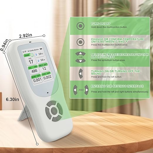 Air Quality Monitor Indoor 9 in 1, Portable Air Quality Tester for PM1.0, PM2.5, PM10, CO2, TVOC, HCHO, AQI, Temperature and Humidity with Alert for Home Office School