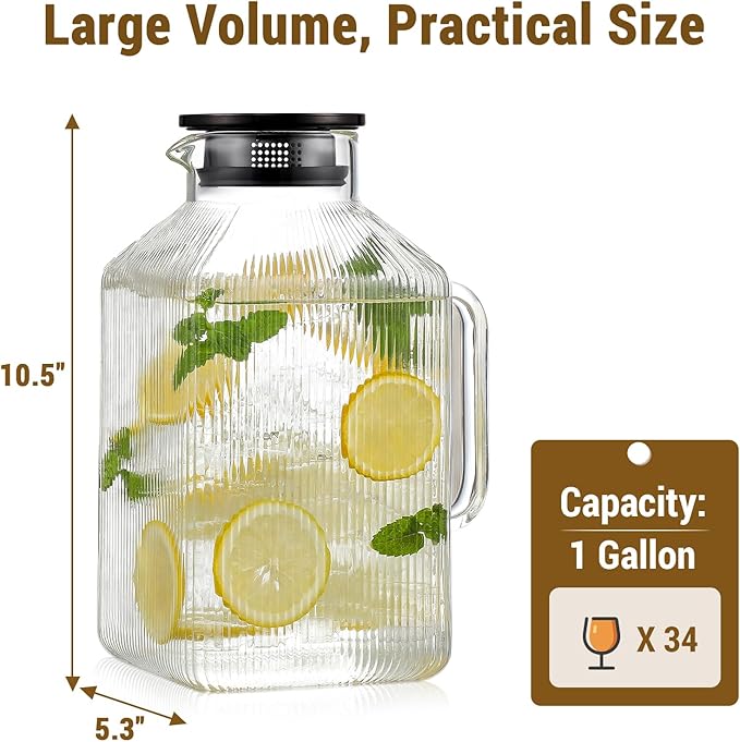 1 Gallon Square Glass Pitcher with Lid, Classic Stripes Water Pitchers for Fridge, Borosilicate Glass Carafe for Hot/Cold Brew Drink, Extra Large Jug with Handle for Iced Tea, Coffee, Juice, Black
