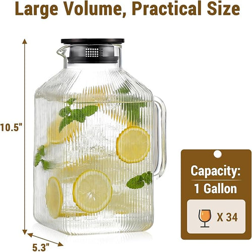 1 Gallon Square Glass Pitcher with Lid, Classic Stripes Water Pitchers for Fridge, Borosilicate Glass Carafe for Hot/Cold Brew Drink, Extra Large Jug with Handle for Iced Tea, Coffee, Juice, Black