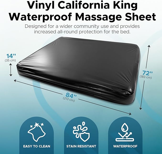Black Vinyl California King Waterproof Fitted Massage Bed Sheet with Side Pocket | Mattress Protector, Bed Cover for Nuru Massage - Oil, Water-Based, Silicone Safe | 72″ x 84″ +15.7'' Deep Pocket