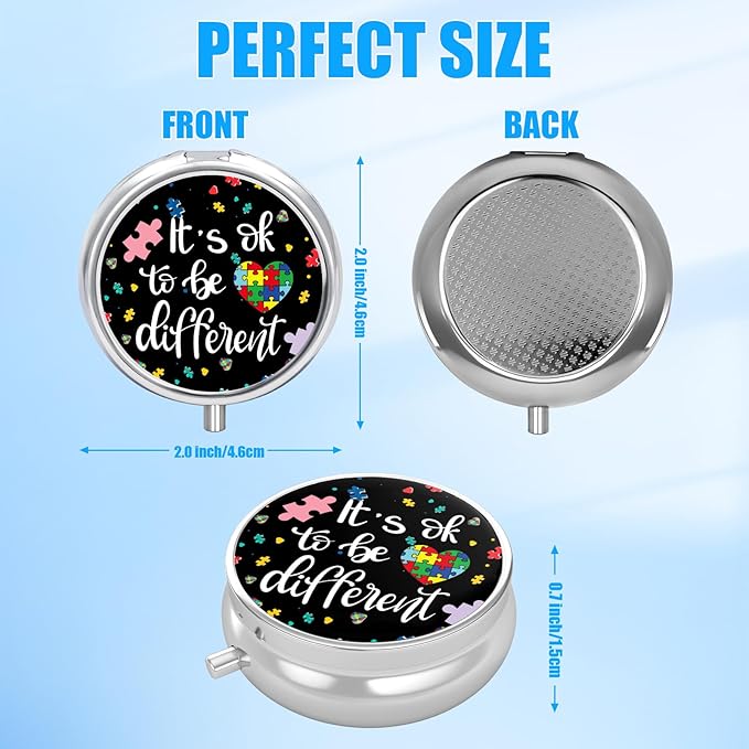 Autism Awareness Pill Case, Autistic Pride Pill Box 3 Compartments Metal Small Pill Holder with Mirror Mini Travel Pill Container for Purse Pocket Women Men