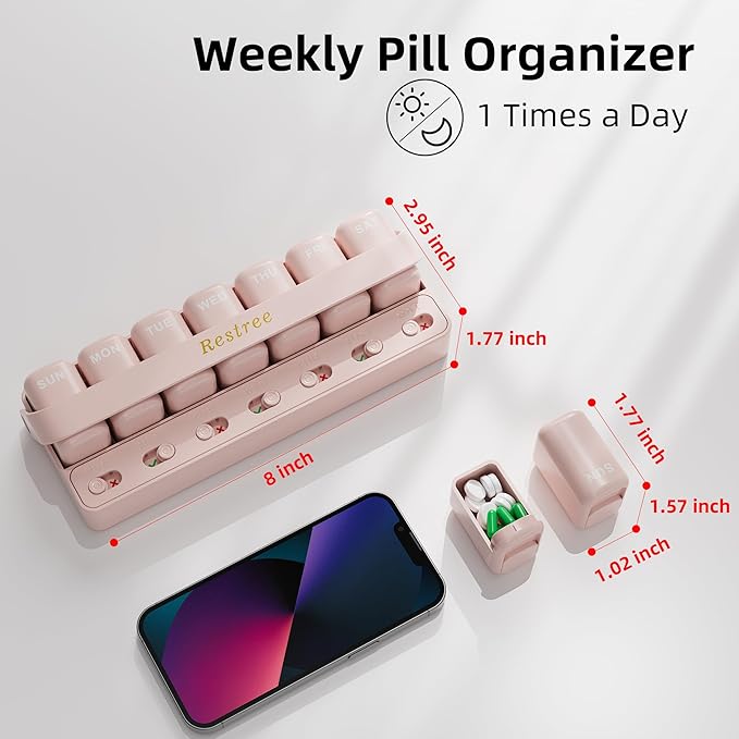 Restree Weekly Pill Organizer 7 Day, Large Capacity Pill Box with Reminder Indicator, Easy Slide Open Detachable Travel Pill Case for Vitamins Supplements & Daily Medications (Pink)