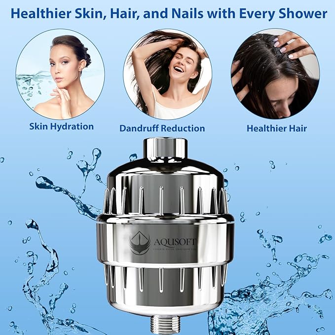 AQUSOFT 25-Stage Advanced Water Filter for Shower Head - Eliminates 99.9% Chlorine, Heavy Metals and Hard Water Impurities | Improves Skin, Reduces Eczema & Dandruff | Universal Fit Shower Head Filter