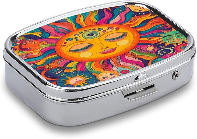 Metal 2 Compartment Pill Organizer Travel Friendly Portable Compact Pill Box Cute Pill Case,for Pocket Wallets Daily Portable Medicine Vitamin Tablet Storage (The Peculiar Sun)
