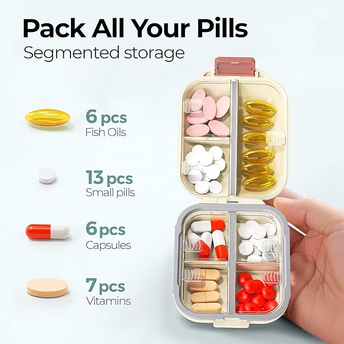 7 Compartments Travel Pill Organizer, Foldable Portable Airtight Daily Pill Box, Compact Pill Case for Purse & Pocket, BPA-Free Medicine Organizer for Vitamins Fish Oil Supplements (White)