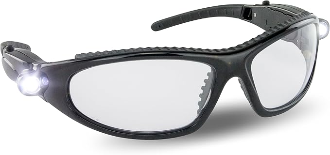 LED Inspector Safety Glasses | Protective Eyewear | Black Frame, Polycarbonate Clear Frames | Low to High Impact | Built-In LED Lights | 99.9% UV Protection | Woodworking, Construction, Mechanic