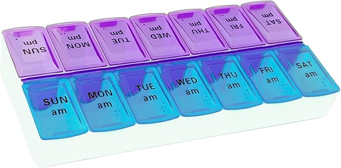 Weekly (14-Day) AM/PM Pill Organizer, 2 Times a Day Pill Case and Planner, Portable Vitamin Containers, Medicine Pill Box(Blue-Purple)