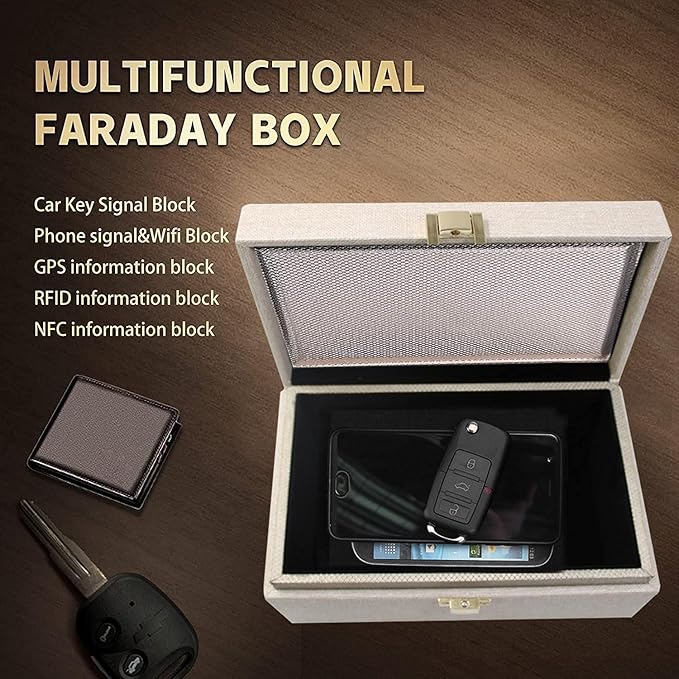 JXE JXO Faraday Box for Car Keys, RFID Key Fob Protector, Car Key Signal Blocker, RFID Signal Blocking Case Shielding Pouch PU Leather Car Key Wallet Case （Beige）