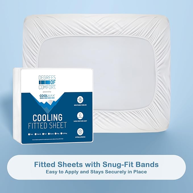 Degrees of Comfort Coolmax® Cooling Fitted Sheet Only, Soft Queen Size Bed Sheets for Hot Sleepers, up to 15" Deep Pocket, All Around Elastic, Wrinkle Free, Fade Stain Resistant, White 1 Piece