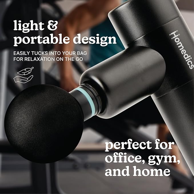 Homedics Therapist Select Compact Percussion Massager, 4 Attachments, Thermal Heat, Rechargeable Battery with 4-Hour Runtime, 3 Intensity Levels, Cordless for Travel
