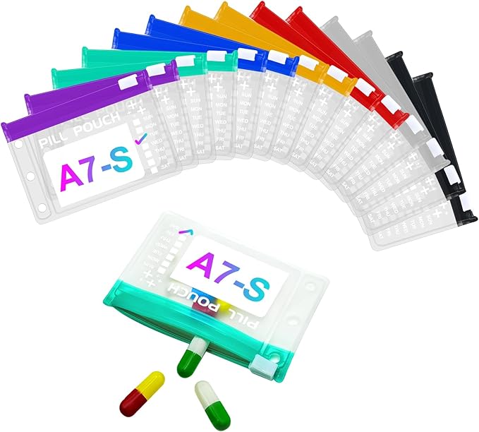 A7-S Pill Pouches Set for A7 Ring Binder, Weekly Pill Organizer 2 Times a Day, Pill Loose-Leaf Storage with Color-Coded Medicine Pouches, Reusable Travel Medicine Organizer