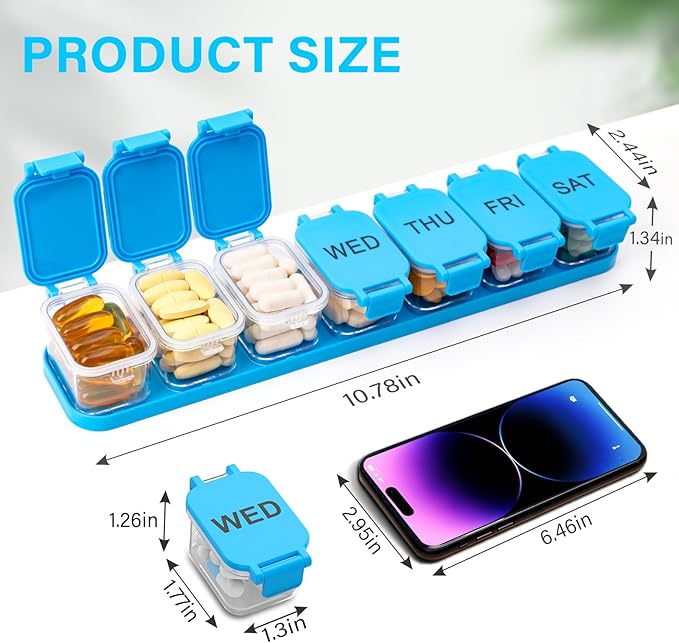 2-Pack Large Waterproof 7-Day Pill Organizer - Extra Large AM/PM Pill Boxes for Vitamins, Fish Oils & Supplements, Portable Daily Medication Dispenser