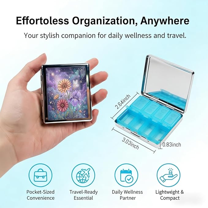 Metal 7 Day Pill Organizer, Cute Small Weekly Pill Case with 8 Compartments for Travel, Moisture-Proof Medicine Holder for Purse, Compact Daily Vitamin Box (Celestial Garden)