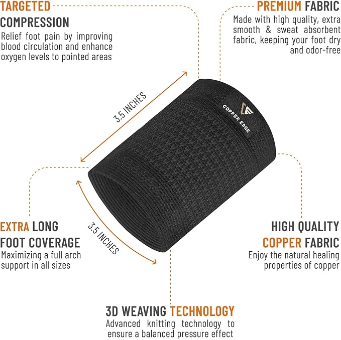 Copper Arch Support for Plantar Fasciitis. 2 Half Socks/Sleeve Compression Brace for Women and Men. Orthotics Feet Pain Aid Fit for Flat/High/Fallen Arches (Copper Arch Black)