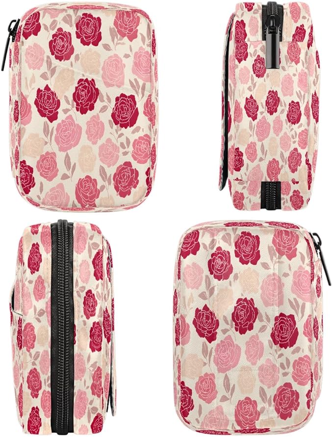 Weekly Travel Pill Organizer Case for Purse with Removable 7 Day Box Portable Compact Size Pill Box Fashionable Pill Container for Medicine Vitamin Supplement Rose Pink Flower