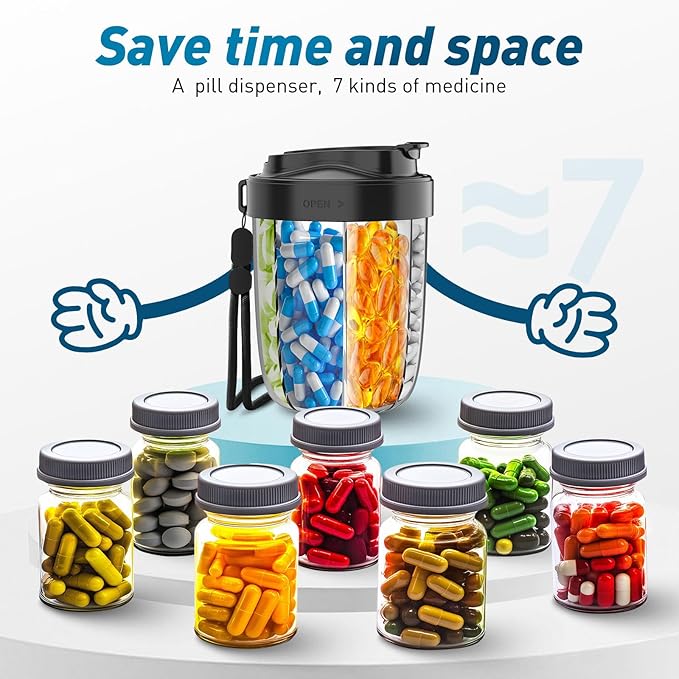 Pill Organizer,Pill Dispenser with 7 Large Compartments,Portable Pill Bottle Box with Wide Opening for Easy Use, Anti-Mix Pills Organizer for Travel,Includes 20 Pcs Sticky Labels-（Black & Pink）