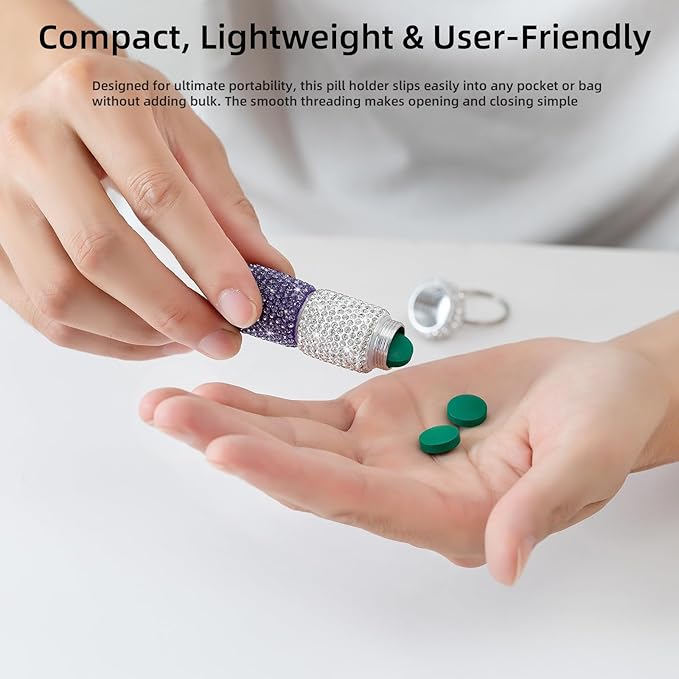 Dual-Compartment Small Pill Holder Keychain Bling Pill Container with Key Chain Travel Pill Organizer Medicine Box for Women (White+Red)
