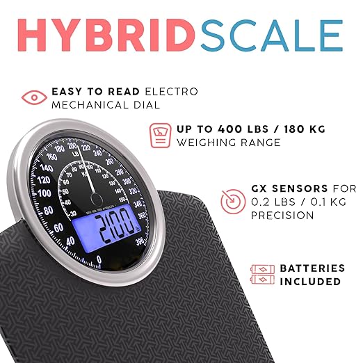Adamson Hybrid 2-in-1 Analog & Digital Weighing Scale for Body Weight up to 400lbs - Thick Tempered Glass - Extra Large Display - Easy to Read Digital Bathroom Scale - Black Matrix with Blue Backlight
