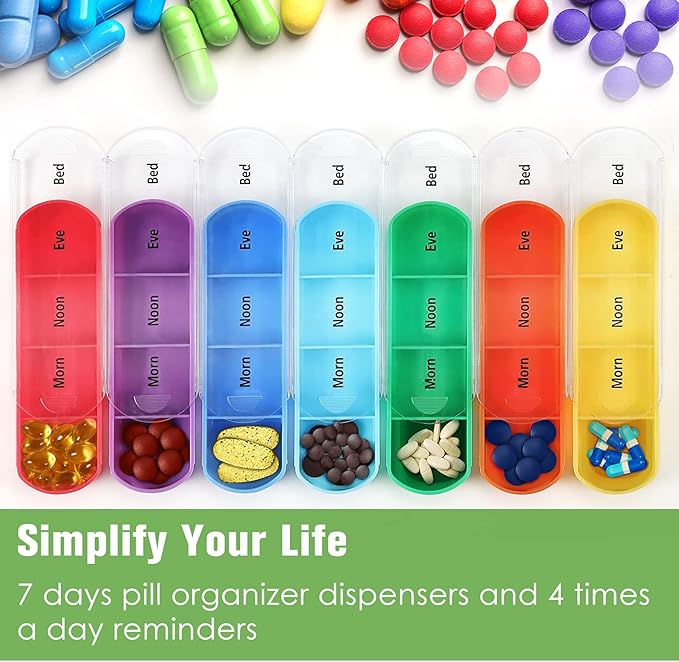FINPAC Weekly Pill Organizers 4 Times A Day, Slide Open PU Leather Case Travel Pill Vitamin Medicine Reminder and Planner with Name Card for Morning| Afternoon| Evening| Bedtime (Blooming Hibiscus)