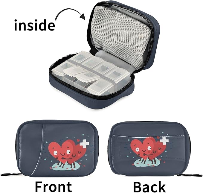 Naanle Pill Organizer Heart with Cross Pill Box 7 Day Pill Case Bag Travel Pill Organizer Bag with Zipper Portable Weekly Case Compact Size for Vitamin Supplement Holder