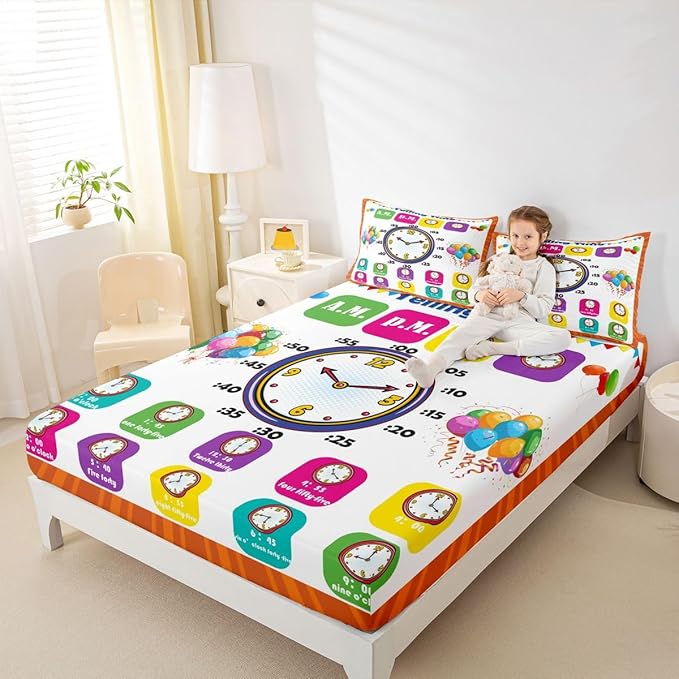 Educational Fitted Sheet Queen, Time Learning Bedding Set for Kids Boys Girls Time Colock Bed Sheet Set Educational Bed Cover Lightweight Bed Set (No Flat Sheet)