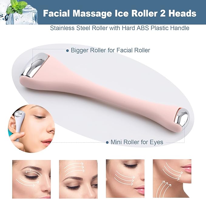 Mini Eye Ice Roller for Eyes Puffiness - Facial Ice Roller and Mini Roller 2 in 1 - Massager for Migraine Relief Tighten Pores Under-Eye Pain Relief - Reduce Wrinkle Puffy for Face Arms (Pink)