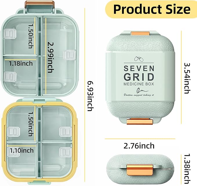 Weekly Pill Organizer 2-Layer 7 Compartments, Airtight Moisture-Proof Pill Box, Food-Grade Portable Travel Pill Case for Pills Capsules Tabs(Green)