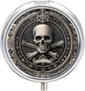 Pill Box-3 Compartment Small Pill Case, Portable Round Pill Box for Pocket or Purse, Decorative Metal Medicine Vitamin Organizer. (Skull)