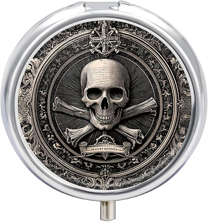 Pill Box-3 Compartment Small Pill Case, Portable Round Pill Box for Pocket or Purse, Decorative Metal Medicine Vitamin Organizer. (Skull)