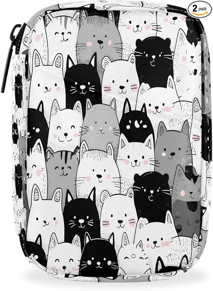 Black White Cat Pill Case Travel Pill Organizer Weekly 7 Day Portable with Zipper Medicine Box Pill Case for Vitamins, Birth Control,Fish Oils,Medication, Supplements