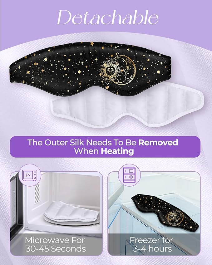 Silk Weighted Eye Mask - Microwave Eye Mask Heat and Cold Warm Compress for Sleeping Dry Eyes Pillow Soft Smooth Lavender Mulberry Silk Sleep Mask for Women Wife Mom - Black Sun Moon