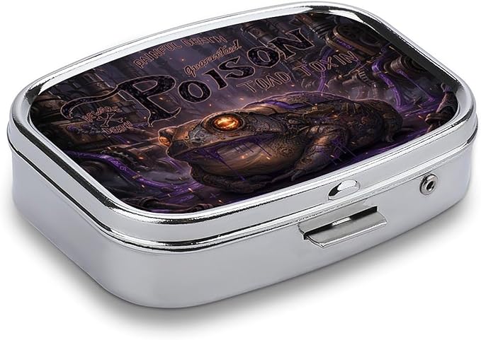 Metal 2 Compartment Pill Organizer Travel Friendly Portable Compact Pill Box Cute Pill Case,for Pocket Wallets Daily Portable Medicine Vitamin Tablet Storage (Dark-Colored Toad)